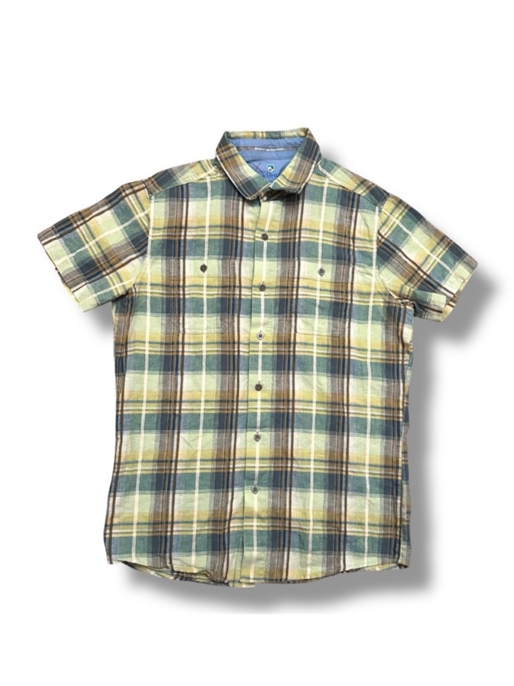 Kuhl Plaid Short Sleeve Button Down Shirt Linen Blend Men’s Size Small Outdoor